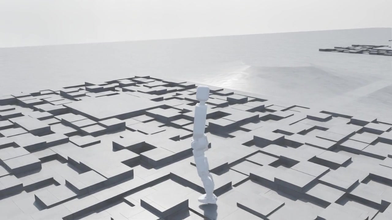 Pioneer humanoid walking across uneven terrain in Isaac Sim
